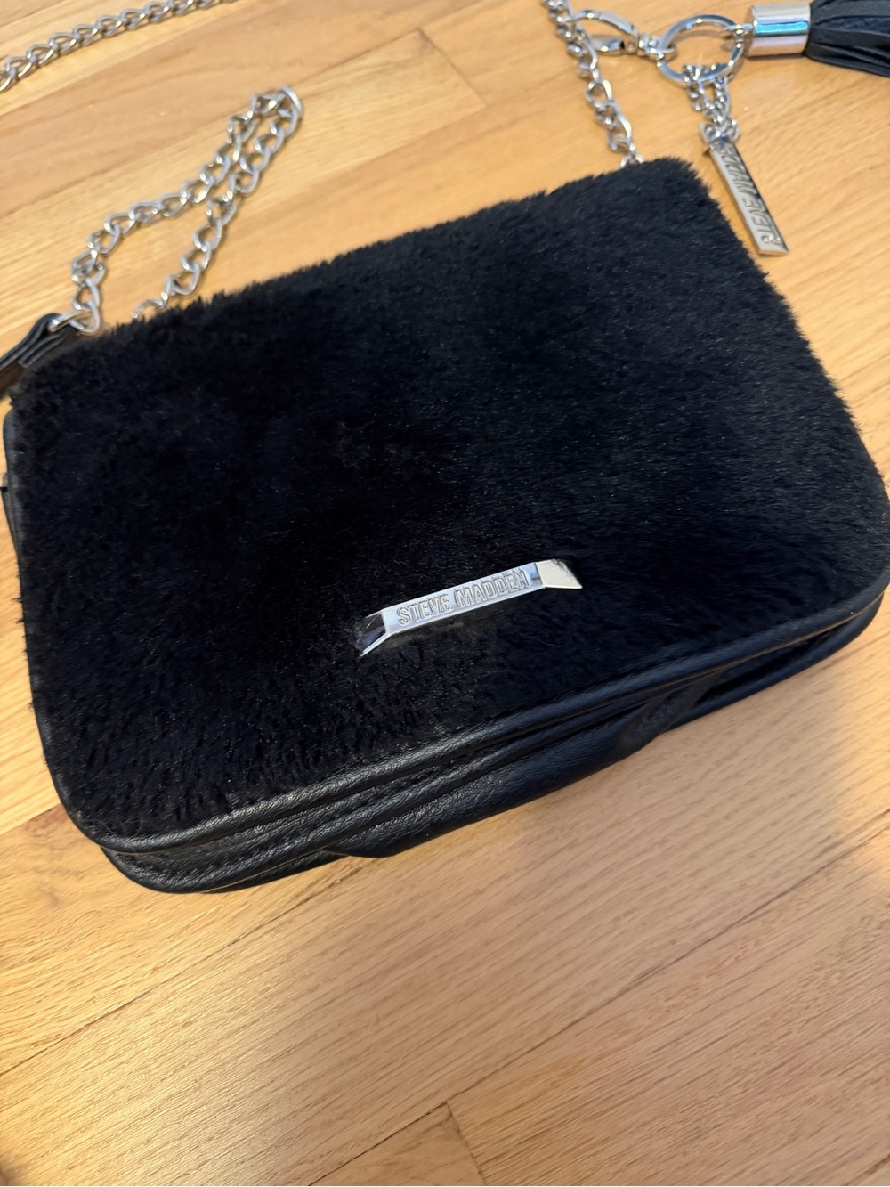 Steve Madden Black Faux-Fur Crossbody with Silver Chain